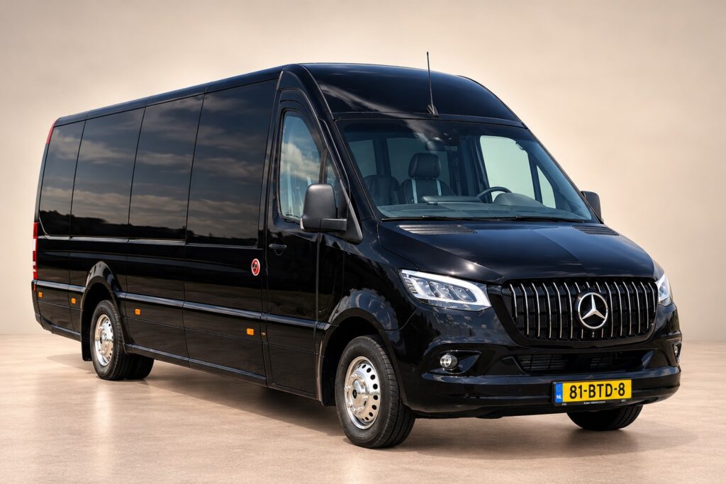 Zwarte Mercedes Sprinter Op Beige Achtergrond